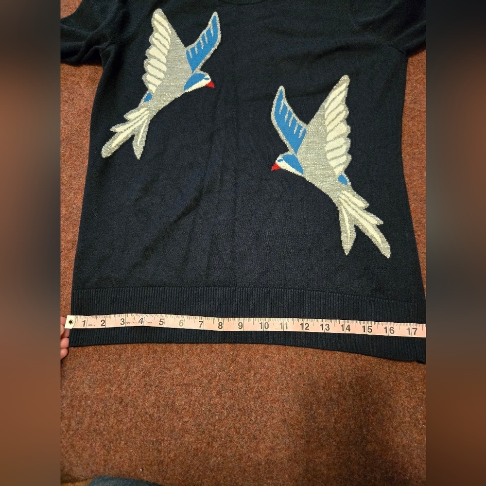 Loft Navy Blue Sweater Size Small Metallic Outlined Birds - Picture 9 of 9